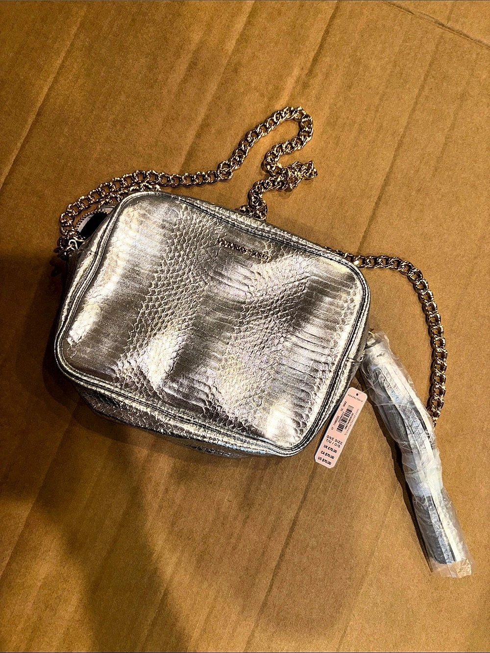 Victoria's Secret Silver Metallic Faux Snakeskin Crossbody Bag